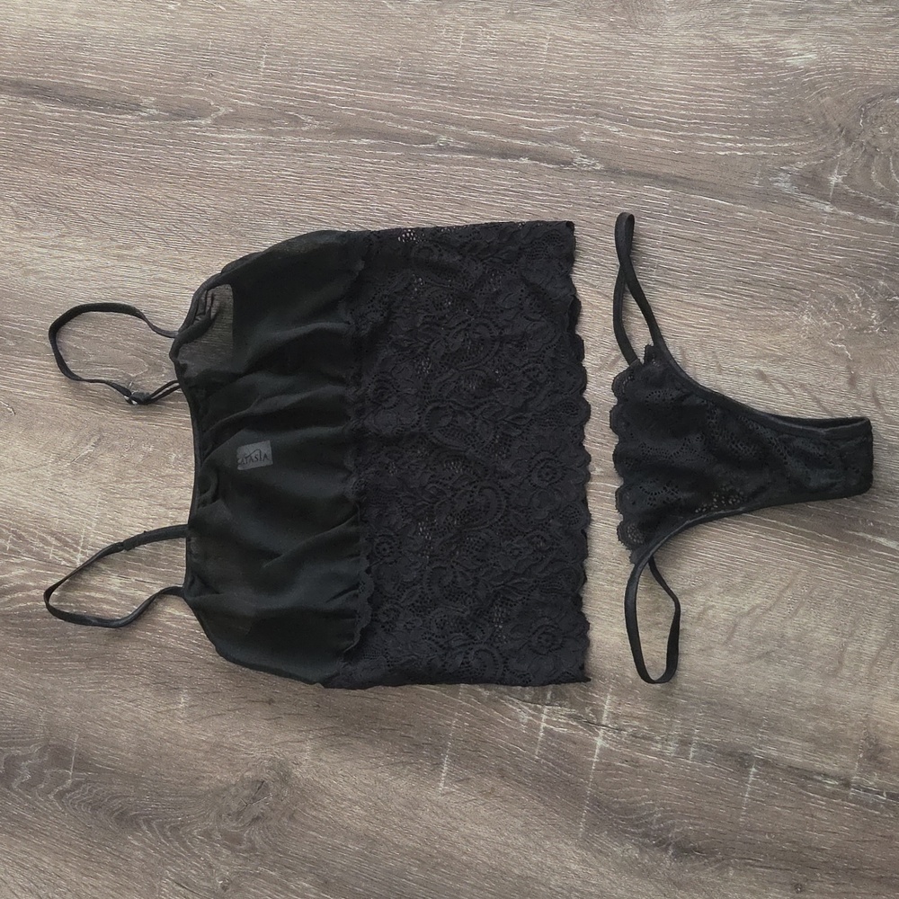NEW! LATASIA Elegant 2 Piece Black Lace Tank and Thong Panty Lingerie Set Small